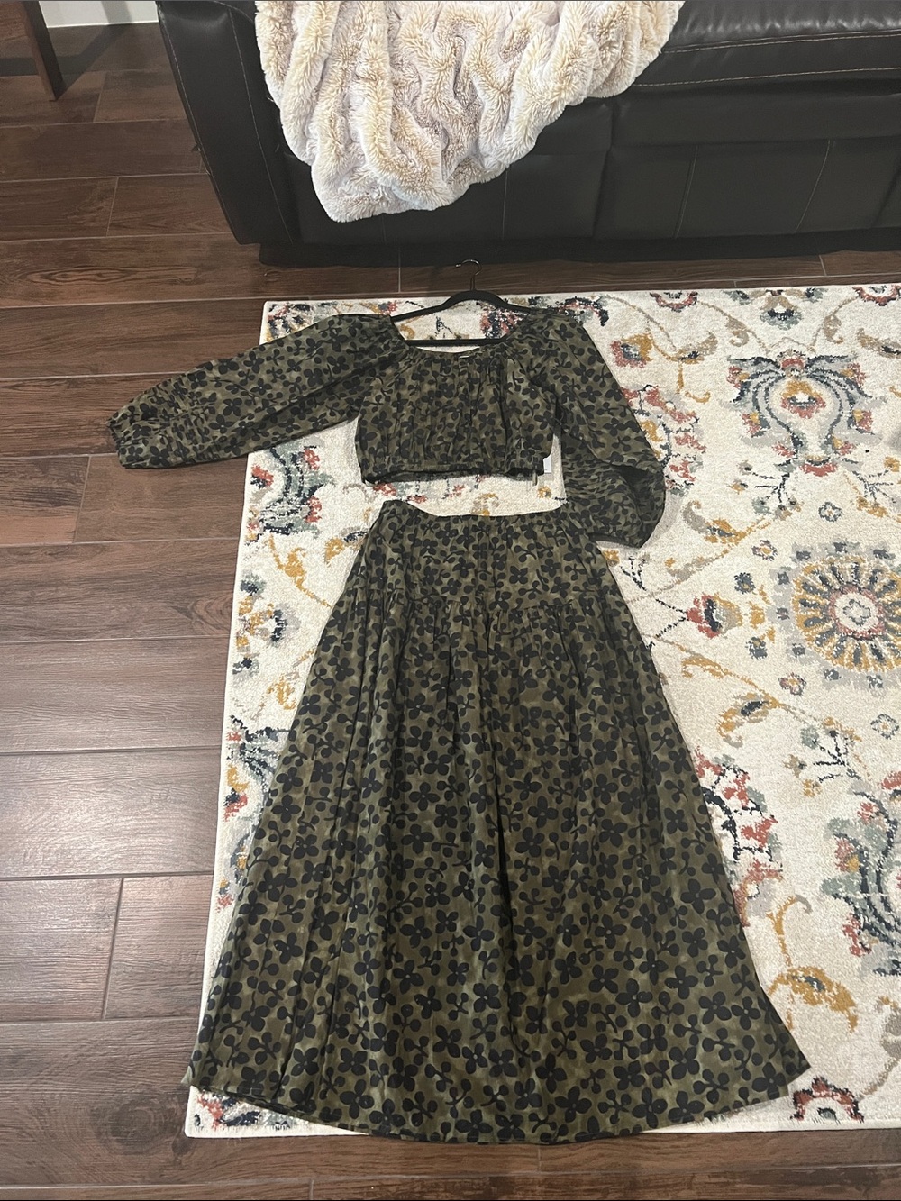 Apiece Apart Olive Green and Black Floral Two-Piece Maxi Set